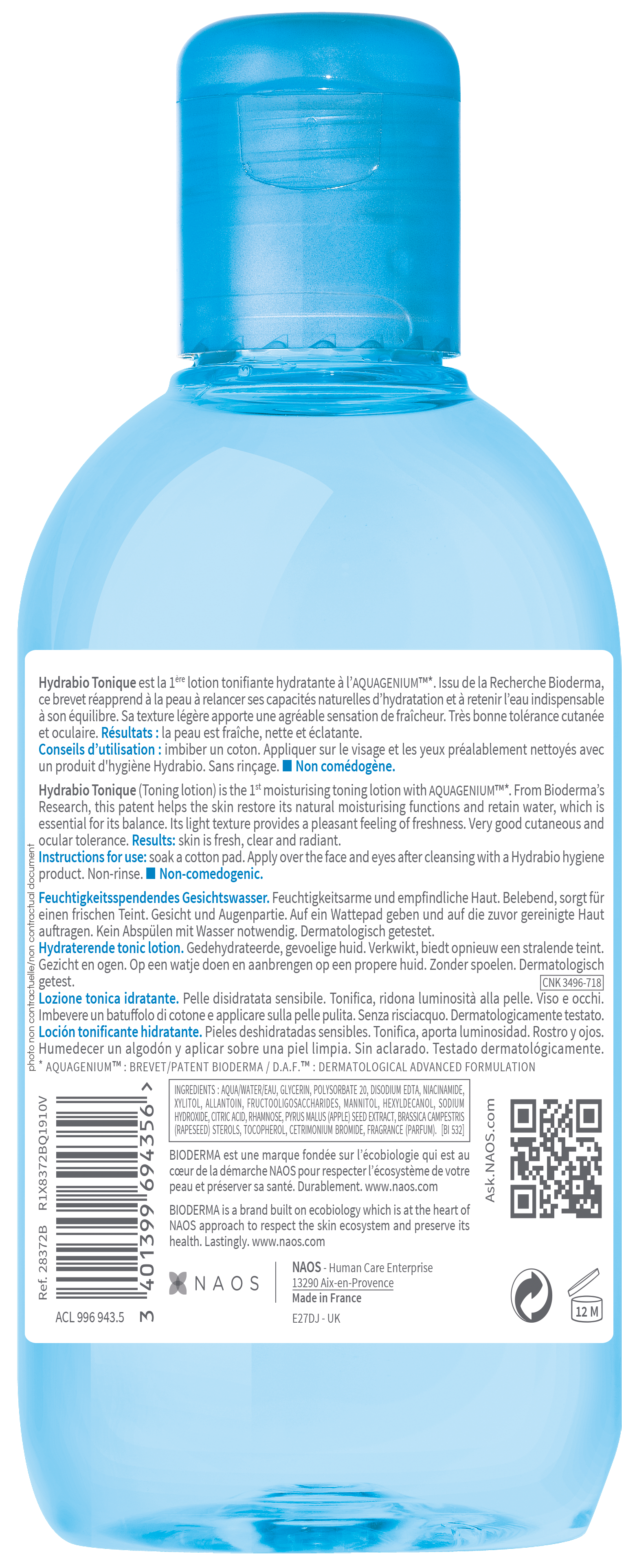 Bioderma Hydrabio Tonique Moisturising toning lotion for Dehydrated skin, 250ml